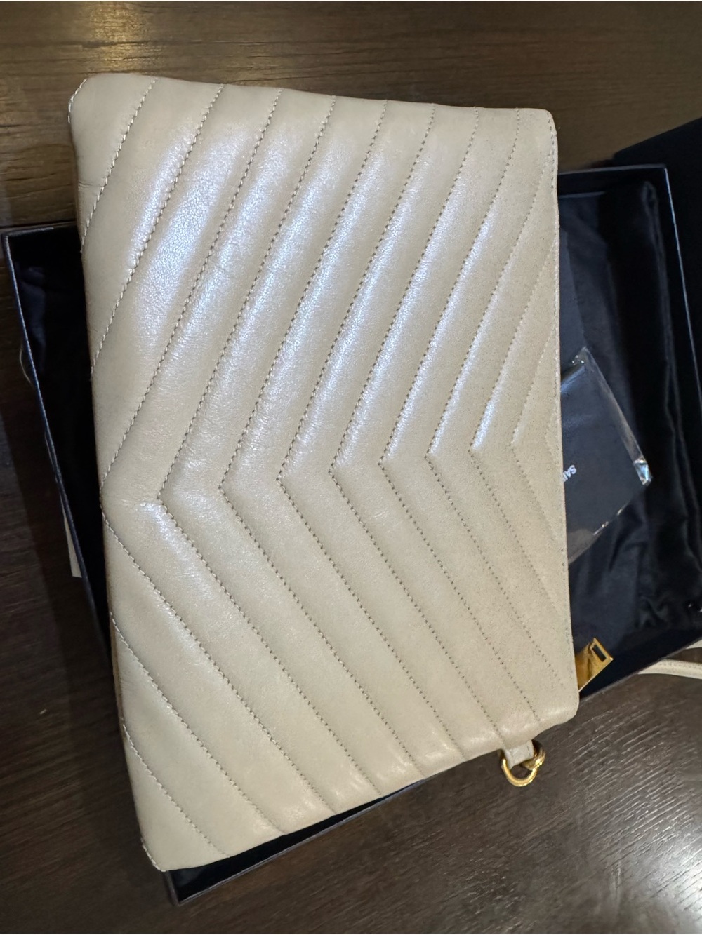Saint Laurent Beige Quilted Leather Wristlet with Gold YSL Logo - Picture 2 of 3
